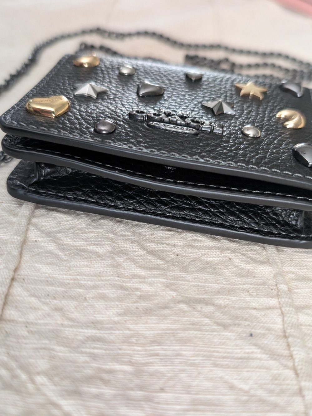 Coach Black Pebbled Leather Studded Wristlet with Mixed Metal Stars & Hearts - Picture 6 of 7